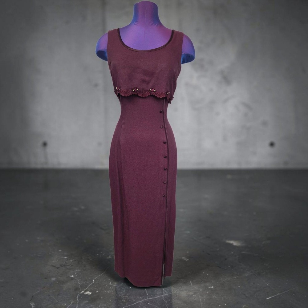 Just Choon Burgundy Sleeveless Midi Vintage Dress Lace Corset Back Side Slit 3